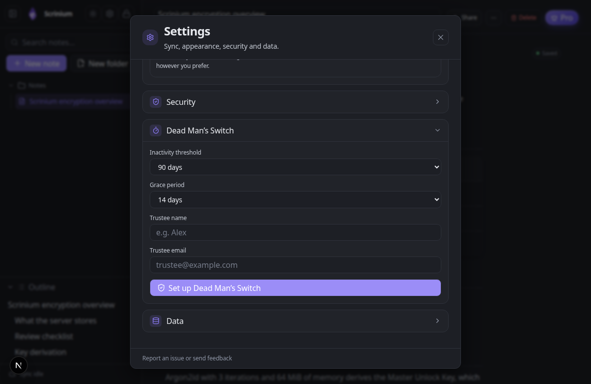 Scrinium’s Dead Man’s Switch settings with inactivity threshold, grace period and trustee fields